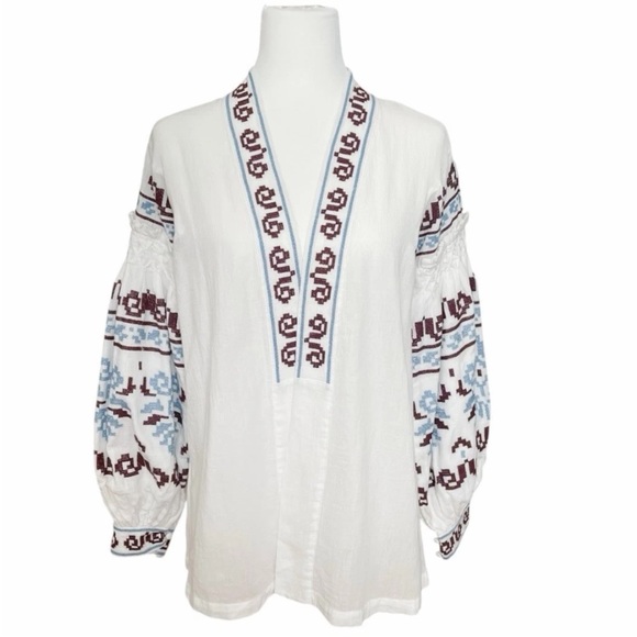Replay Boho Embroidered Cotton Tunic Blouse White Size XS Oversized Peasant Top - Picture 1 of 13